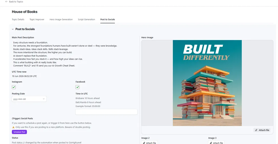 Post to Socials, approved hero image, generated caption with lead-gen CTA, platform selectors and scheduling fields