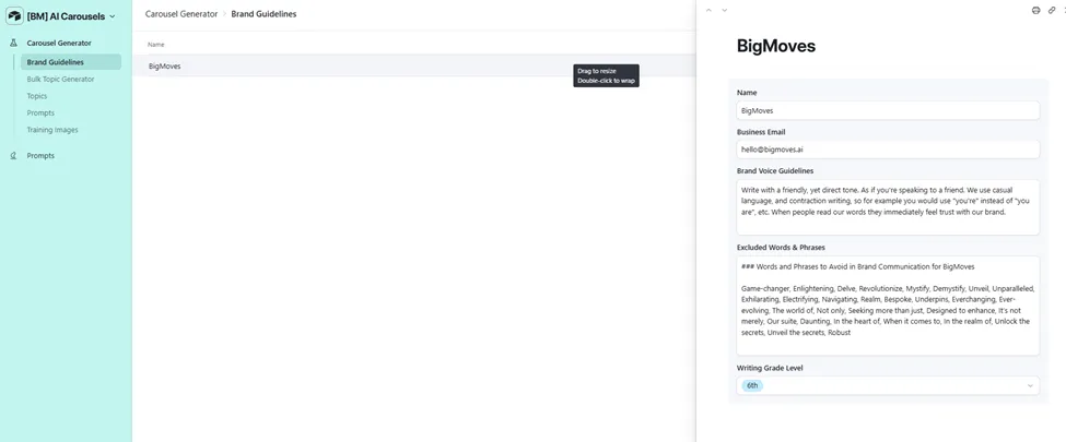 Brand Guidelines, voice rules, excluded words list, and writing grade level stored per brand in Airtable