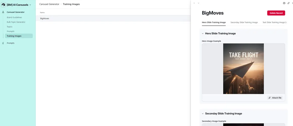 Training Images, Hero Slide Training Image (‘TAKE FLIGHT’) plus Secondary and Text slide templates stored per brand
