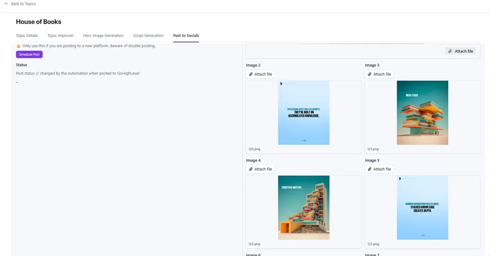 Post to Socials, full set of generated carousel slides for ‘House of Books’: alternating image and text slides with consistent brand palette