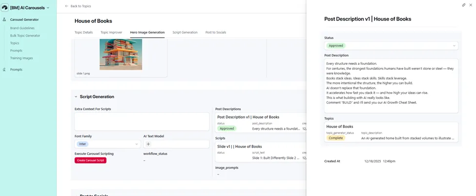Script Generation with Post Description panel open, approved caption text linked back to the House of Books topic