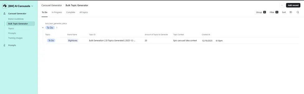 Bulk Topic Generator list, batch record showing 20 topics generated with status tracking