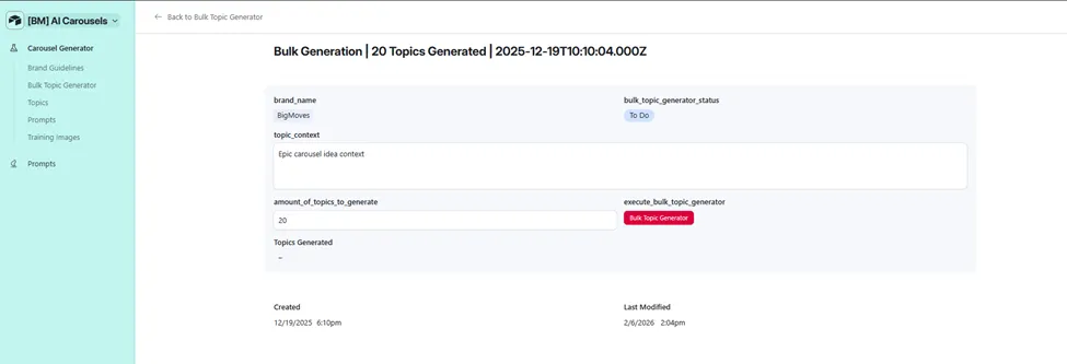 Bulk Topic Generator, topic context input, quantity selector (20), and one-click generation button