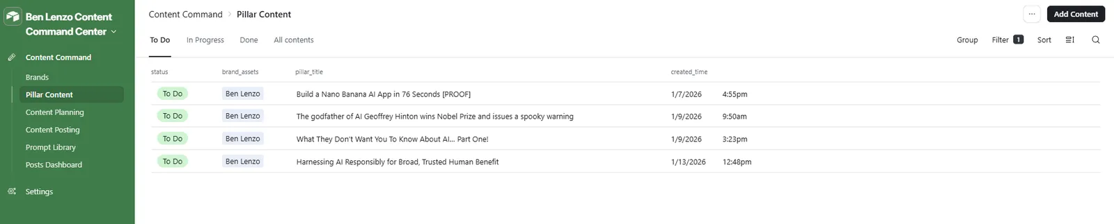 Pillar Content view in Airtable showing source video titles linked to the client brand, with status and creation timestamps
