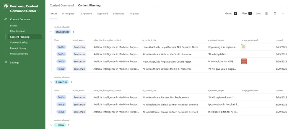 Airtable Content Command Center interface, Content Planning view showing posts grouped by channel (Instagram, LinkedIn, TikTok) with status, AI title, and generated image thumbnails