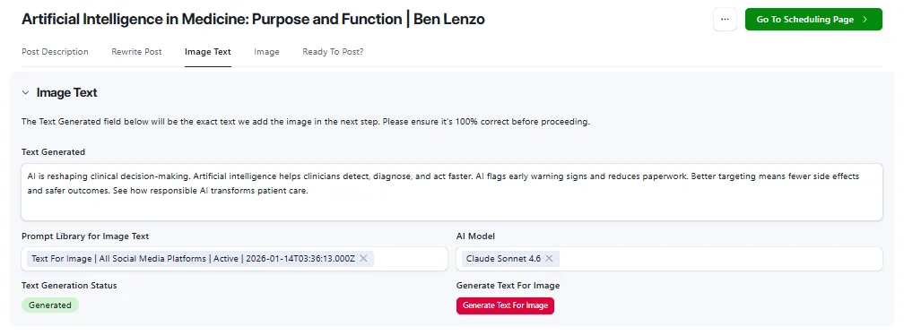 Individual post detail view in Airtable showing Post Description tab with generated caption, Rewrite Post section with AI model selector and one-click regeneration, and Image Text section with generated overlay copy