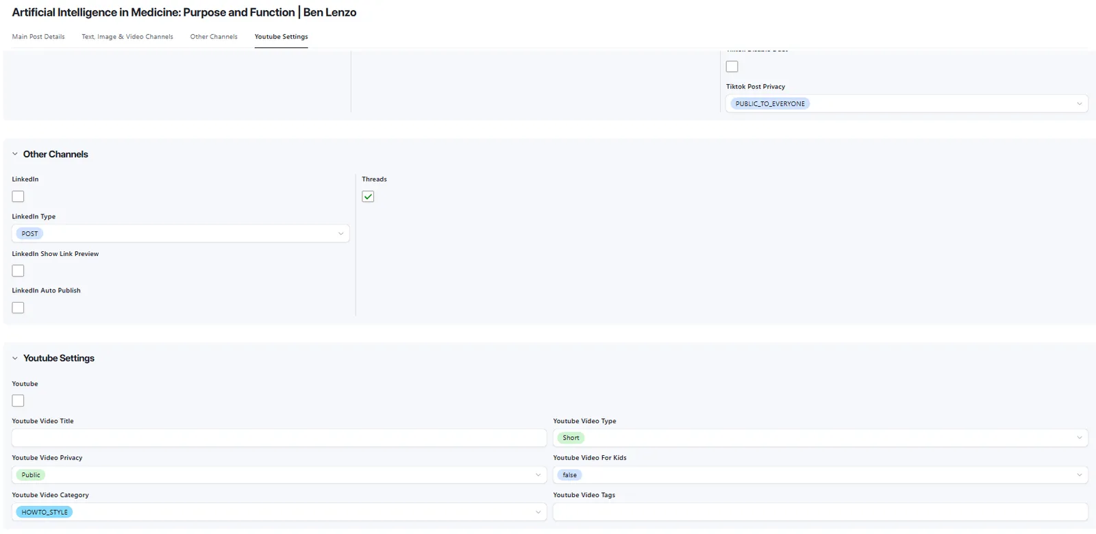 Scheduling Page in Airtable showing Main Post Details, Social Media Channels and Youtube Settings