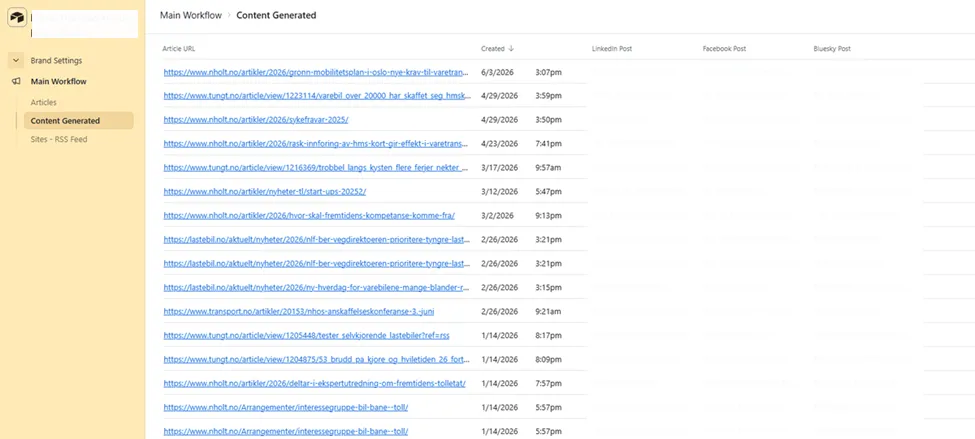 Content Generated list, all generated content records with article URL, creation date, and LinkedIn, Facebook, and Bluesky post previews