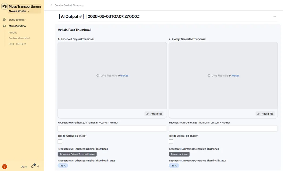 Content Generated record, Article Post Thumbnail section with AI-Enhanced Original Thumbnail and AI Prompt Generated Thumbnail attachment fields, custom prompt inputs for each, Text to Appear on Image toggles, and individual Regenerate buttons