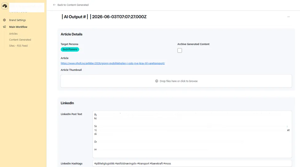 Content Generated record, Target Persona (Bedriftseiere), article link, Article Thumbnail upload, full LinkedIn Post Text in Norwegian, LinkedIn Hashtags, Regenerate LinkedIn Post button with custom prompt field, and Post to LinkedIn checkbox
