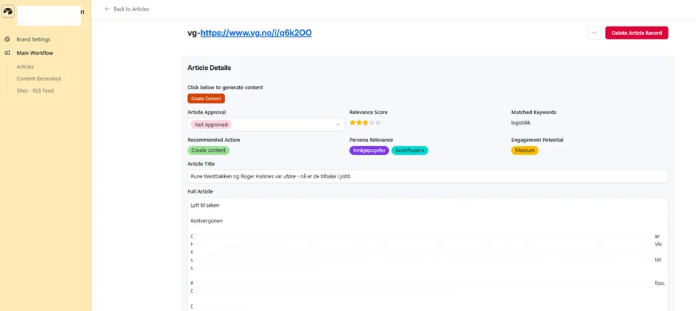 Article detail, Create Content button, Article Approval, Relevance Score (3 stars), Recommended Action (Create content), Persona Relevance tags (Innkjopssjefer, Bedriftseiere), Engagement Potential (Medium), article title, and full scraped article text