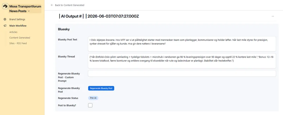 Content Generated record, Bluesky Post Text and Bluesky Thread array in Norwegian, Regenerate Bluesky Post button with custom prompt field, and Post to Bluesky checkbox