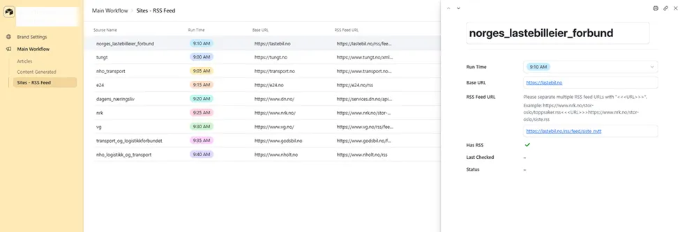 Sites RSS Feed, 9 sources monitored daily including Lastebil, Tungt, NHO Transport, E24, Dagens Naeringsliv, NRK, VG, Godsbil, and NHO Logistikk, each with a staggered run time between 9:00 AM and 9:40 AM and an RSS feed URL