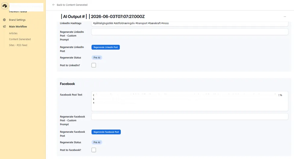 Content Generated record, Facebook Post Text in Norwegian with hashtags, Regenerate Facebook Post button with custom prompt field, and Post to Facebook checkbox
