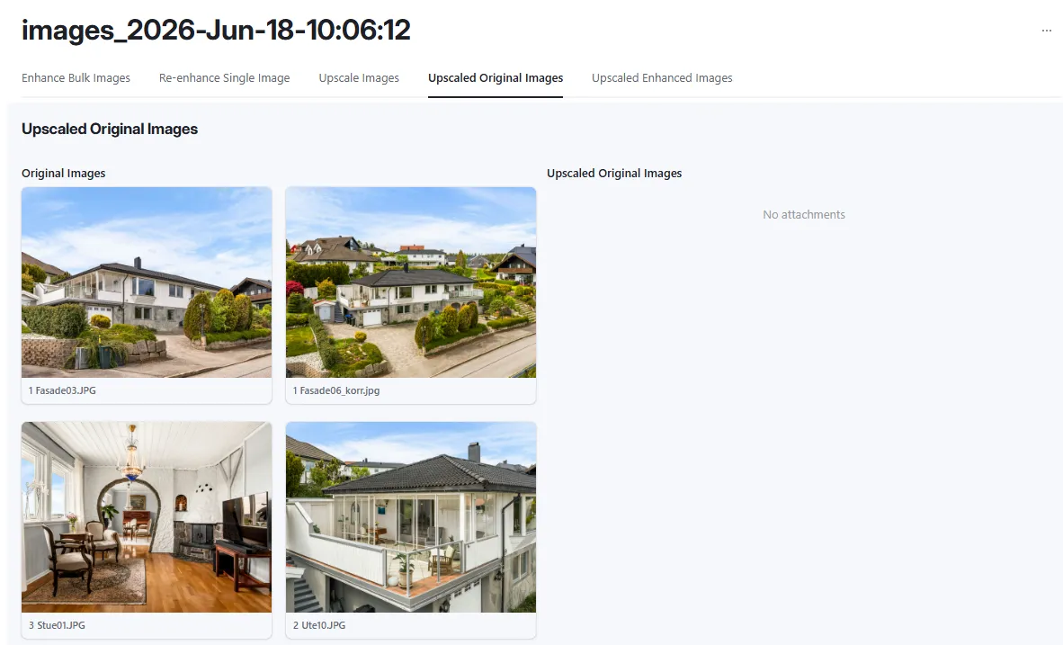 Upscaled Original Images tab, original property photos displayed alongside the upscaled outputs ready for client delivery