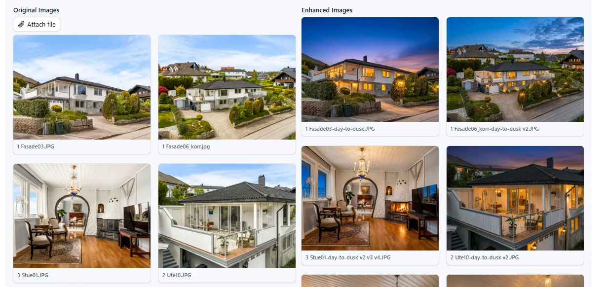 Enhance Bulk Images tab, project name, AI model selector (gemini-3-pro-image), image prompt (Day to Dusk v3), Enhance button, status (Automation Completed), and Dropbox folder link