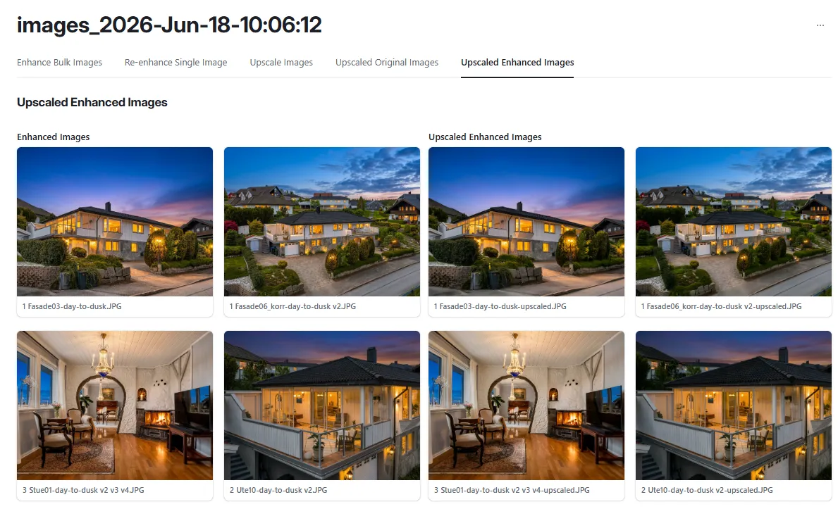Upscaled Enhanced Images tab, side-by-side view of original daytime photos and day-to-dusk enhanced versions, ready for upscaling