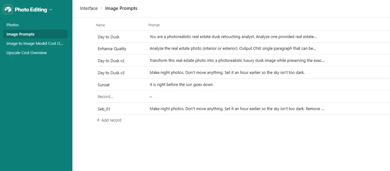 Image Prompts, named prompt library including Day to Dusk, Day to Dusk v2, Day to Dusk v3, Sunset, Enhance Quality, and Seb_01 with full prompt text stored per entry