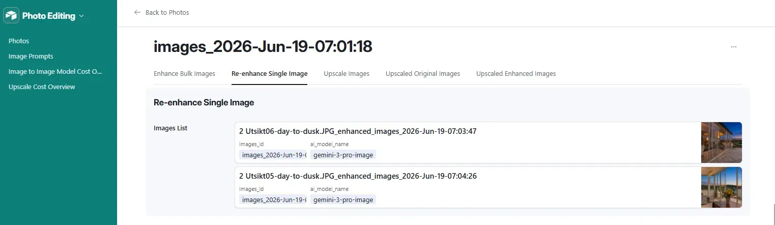Re-enhance Single Image tab, Images List showing two enhanced outputs for the selected project, each with images_id, ai_model_name, and a thumbnail preview