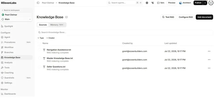 Knowledge Base, three retrieval-indexed sources feeding the agent: a navigation reference, a master knowledge base, and a seller questions file, all kept in sync by the knowledge base workflow