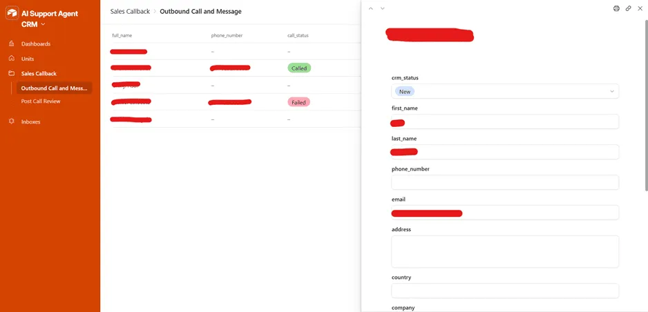Outbound Call and Message, queued outbound contacts with call status (Called, Failed), linked to a detail record with CRM status, contact fields, address, and company