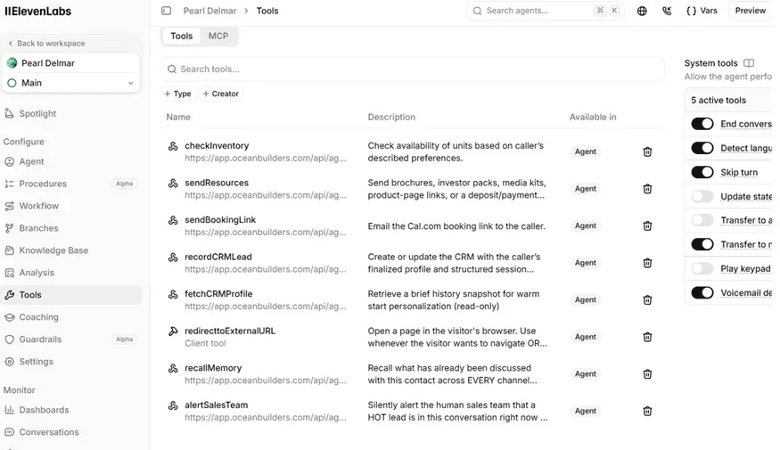 Agent Tools, eight tools available to the agent, each pointing at a workflow endpoint: checkInventory, sendResources, sendBookingLink, recordCRMLead, fetchCRMProfile, redirecttoExternalURL, recallMemory, and alertSalesTeam
