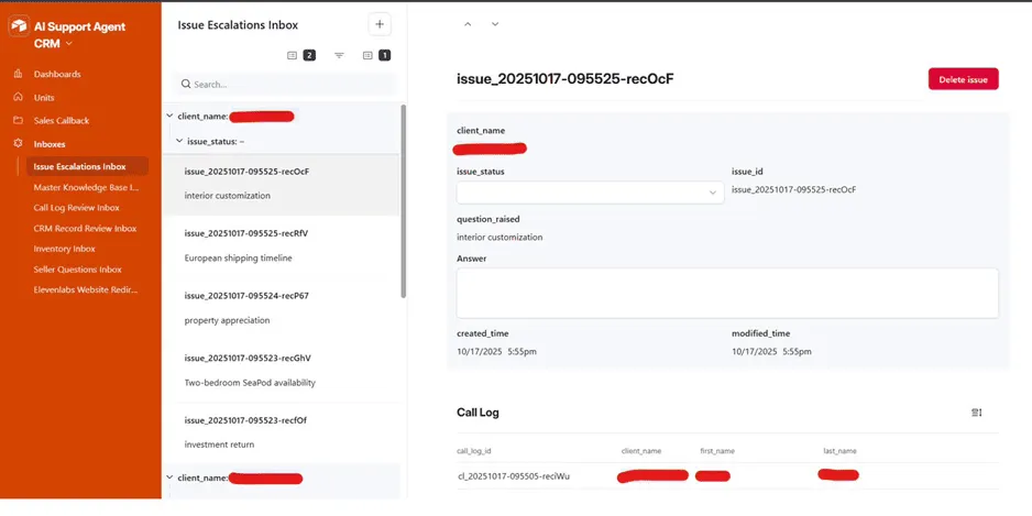 Issue Escalations Inbox, escalated issues grouped by contact, each with issue status, the question raised, an answer field, and a linked call log record