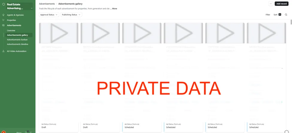 Advertisements Gallery, video ad cards per property showing primary text, generation date, approval status, publishing status, platforms, publish date, and ad spend
