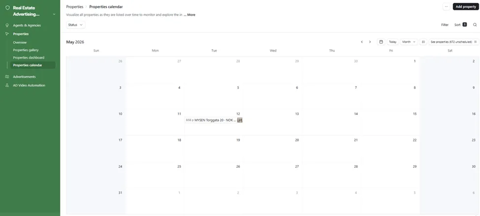 Properties Calendar, viewing times plotted by date for scheduling awareness