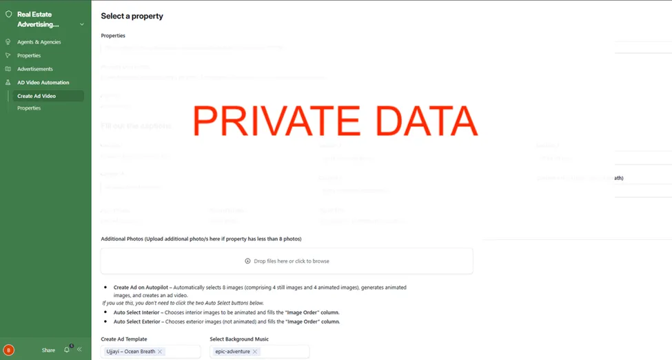 Create Ad Video, property URL, auto-populated description, agency, 6 caption fields, agent name and title, ad template selector (Ujjayi – Ocean Breath), and background music selector