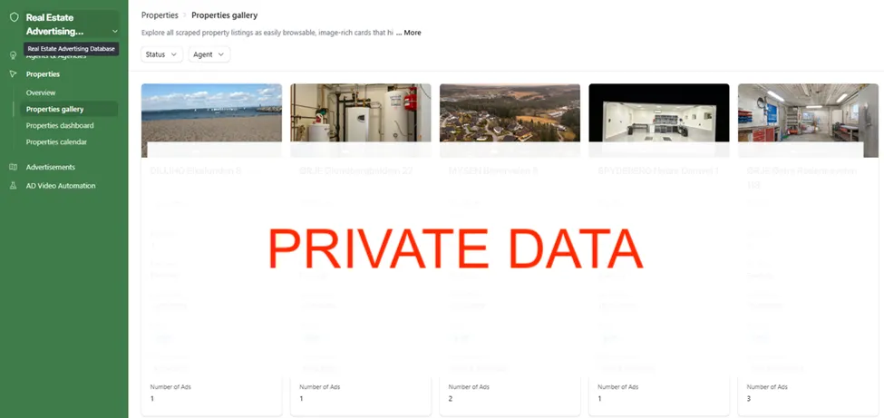 Properties Gallery, all scraped listings as image cards showing property photos, price, bedrooms, type, status, agent, and number of ads