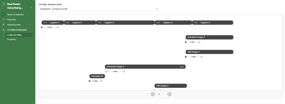 Ad Video Template Guide, Creatomate template layout showing caption timing slots, animated and still image positions, and background music tracks listed with playback controls