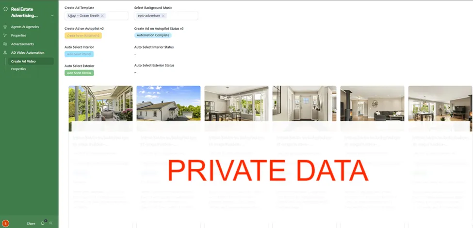 Create Ad Video, Autopilot buttons (Create Ad on Autopilot v2, Auto Select Interior, Auto Select Exterior), status (Automation Complete), and all property images classified by space category and type with AI-generated descriptions