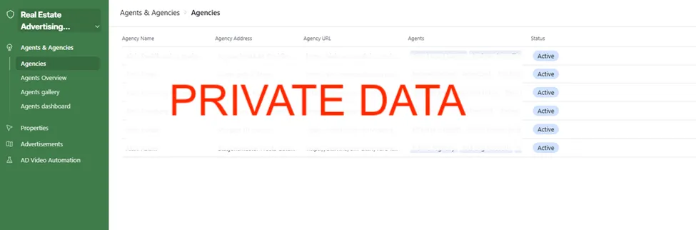 Agencies view, 6 branch offices listed with address, URL, linked agents, and Active status