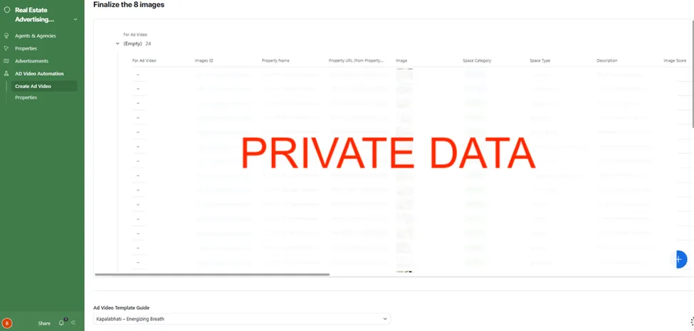 Finalize the 8 images, full image list with space category (Interior/Exterior), space type, AI description, image score, and For Ad Video selection column