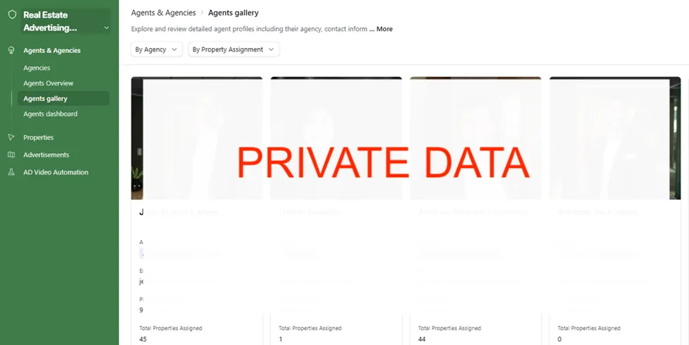 Agents Gallery, card view of agent profiles filterable by agency and property assignment