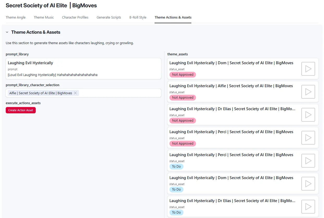 Theme Actions & Assets view showing prompt library (Laughing Evil Hysterically), character selection (Alfie), Create Action Asset button, and theme_assets panel listing generated action clips for Dom, Alfie, Dr Elias, and Perci, all awaiting approval