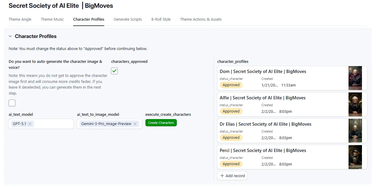 Character Profiles tab showing all 4 approved characters, Dom, Alfie, Dr Elias, and Perci, each with Approved status and character portrait thumbnails