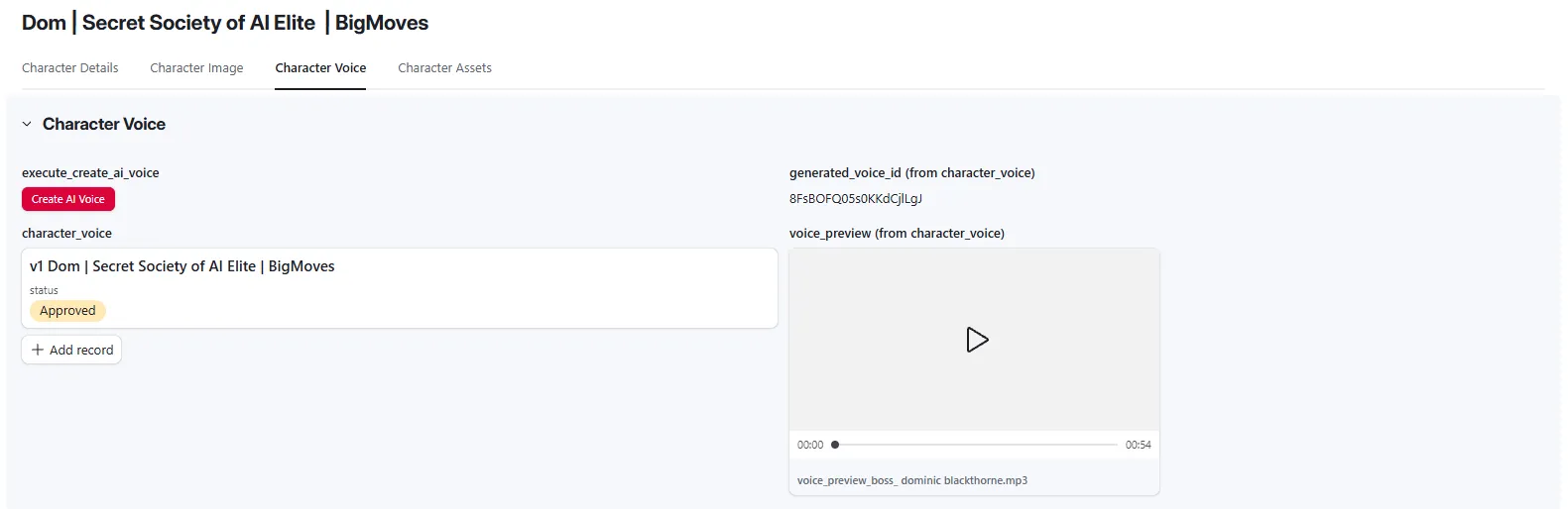 Character Voice tab showing approved ElevenLabs voice ID, voice preview audio player (54-second preview), and Character Assets section listing generated video lines linked to script chapters