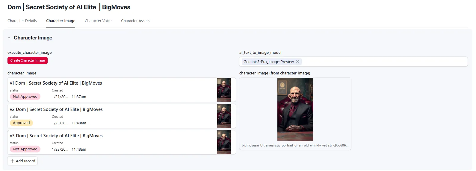 Character Image tab for Dom showing three generated image versions (v1, v2, v3) with v2 marked Approved, and the approved portrait displayed, ultra-realistic elderly man in dark suit, Rembrandt lighting, leather chair background